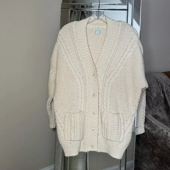 Sundance Cardigan Sweater Cable Knit pockets oversized size small wool cream - Picture 4 of 9